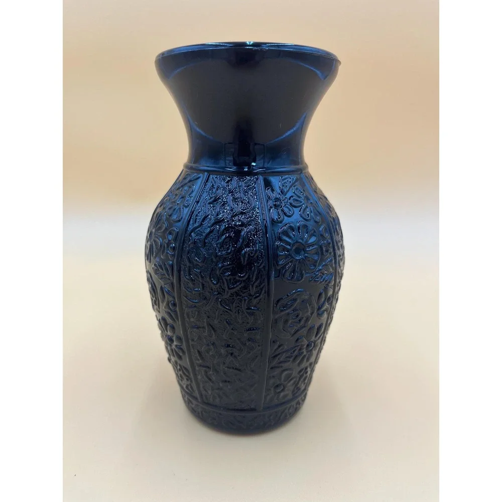 LE Smith Black Amethyst Glass Vase: Embossed Floral Design